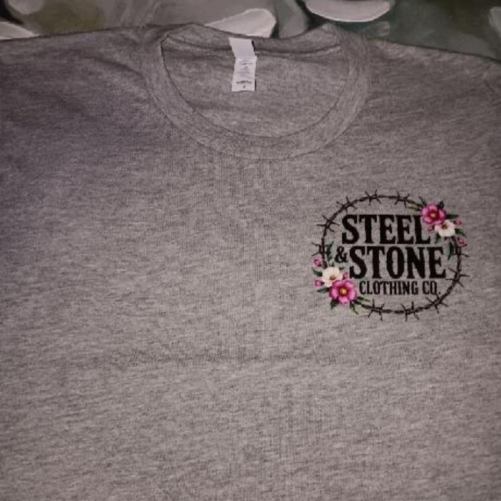 Steel & Stone Gray Short Sleeve Logo Tee with Floral Accent